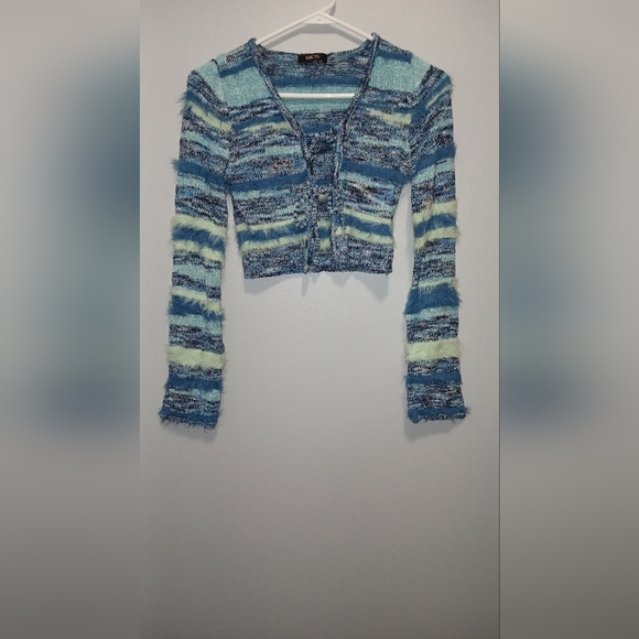 Mica's womens Small cropped open front fuzzy striped sweater Y2k Ombre NWT - Picture 4 of 7